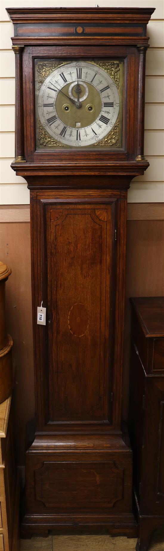 A late 18th century inlaid oak eight day longcase clock H.209cm